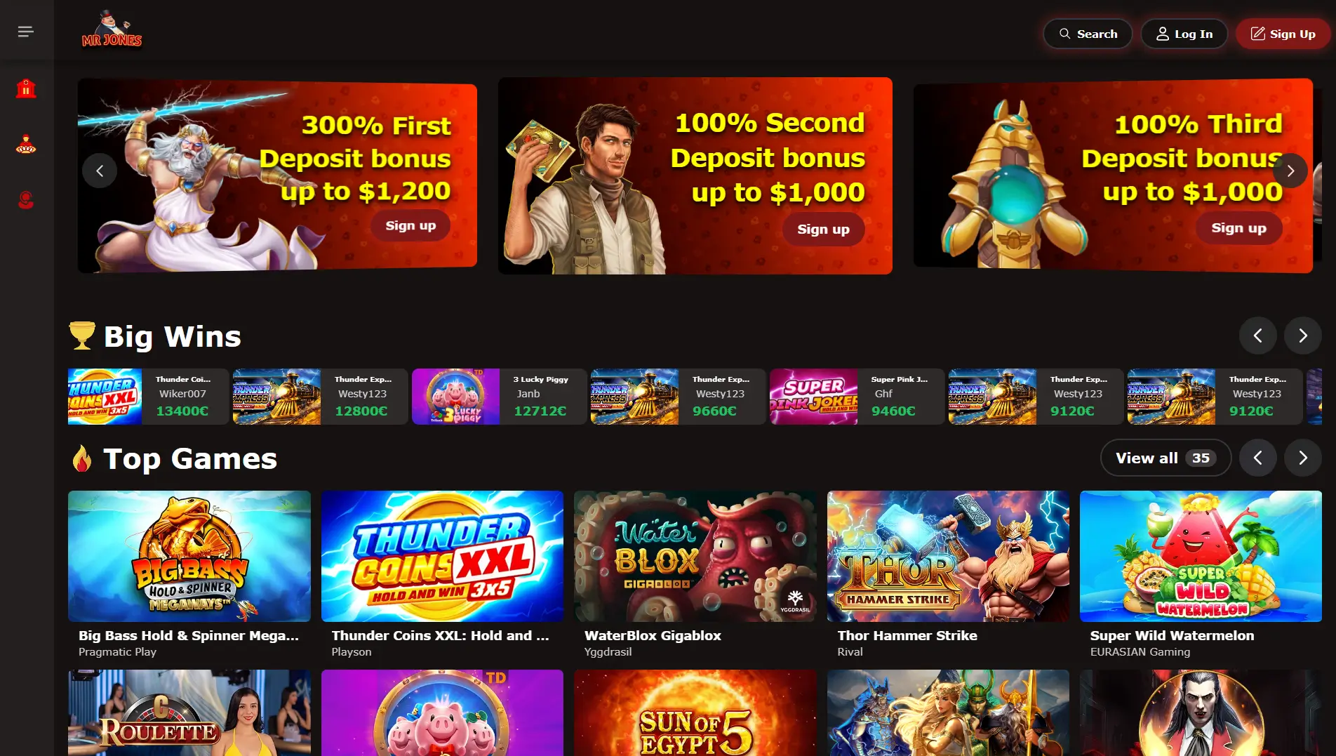 Mr Jones Casino homepage with welcome bonuses big wins and top slot games